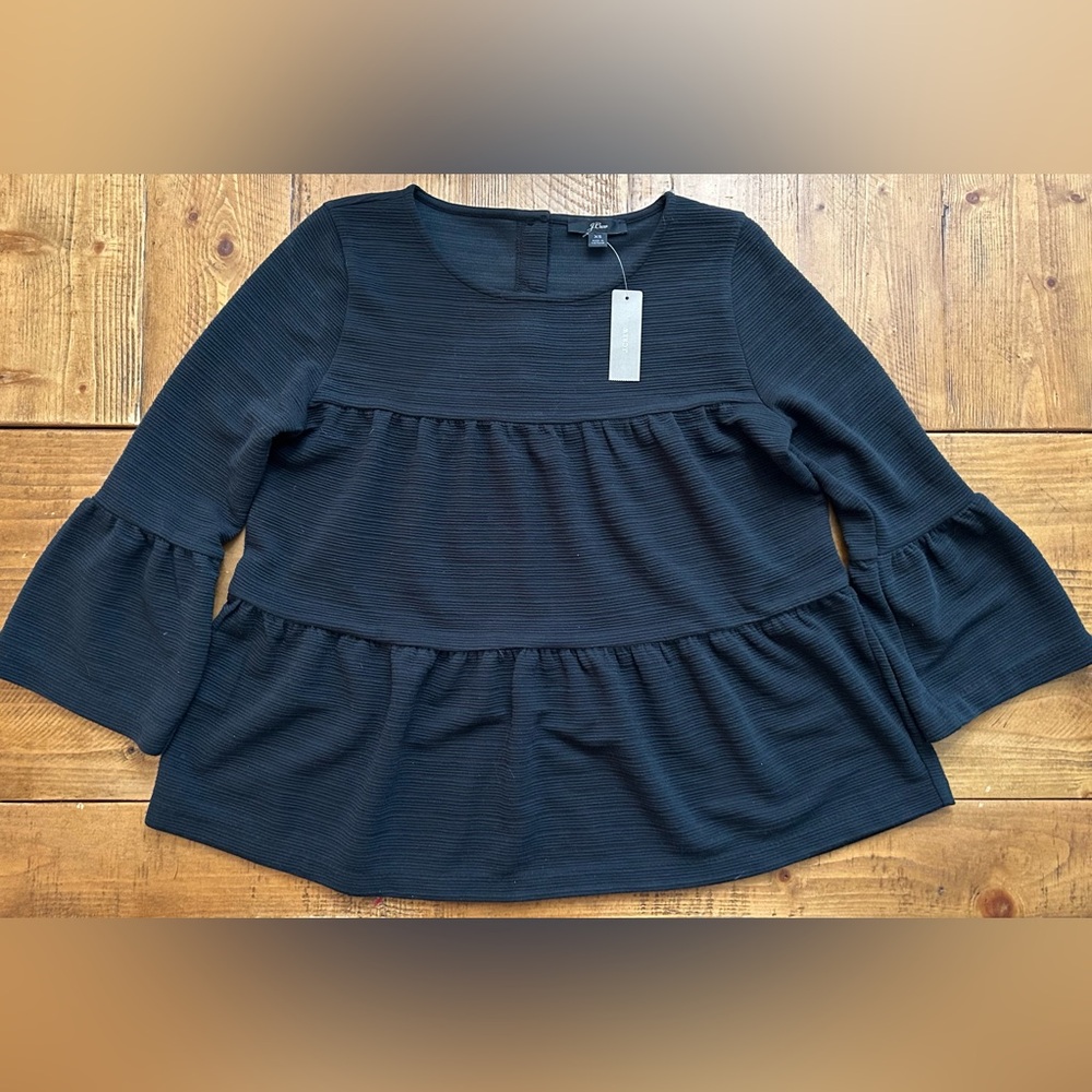 J Crew Black Ruffle Blouse -NWT